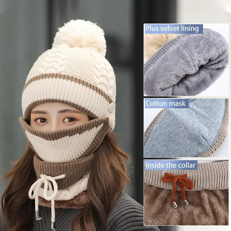 

3-in-1 Winter Set Unisex Warm Beanie Skullies Winter Knit Face Mask Hood Snood Wind-proof Cap Women Ski Riding Hat and Scarf Set