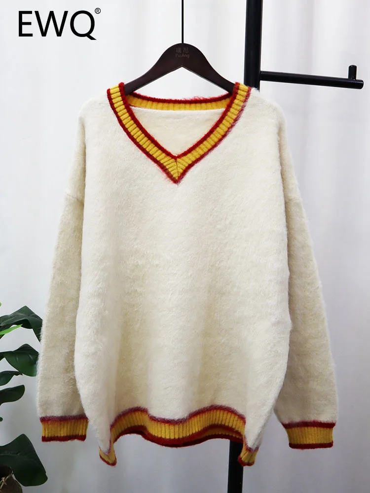

EWQ Sweet Chic Women's Pullover Sweater Contrast Color Patchwork Knitted Loose Female Elegant Sweaters Autumn 2023 New 27SN3399