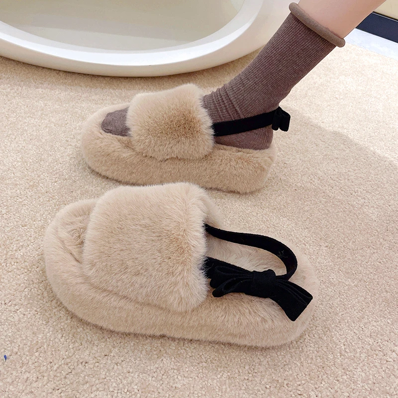 

Зимние теплые женские хлопковые тапочки, уличные плюшевые меховые модные уличные ползунки на толстой платформе, мягкая стелька, бесшумная ...