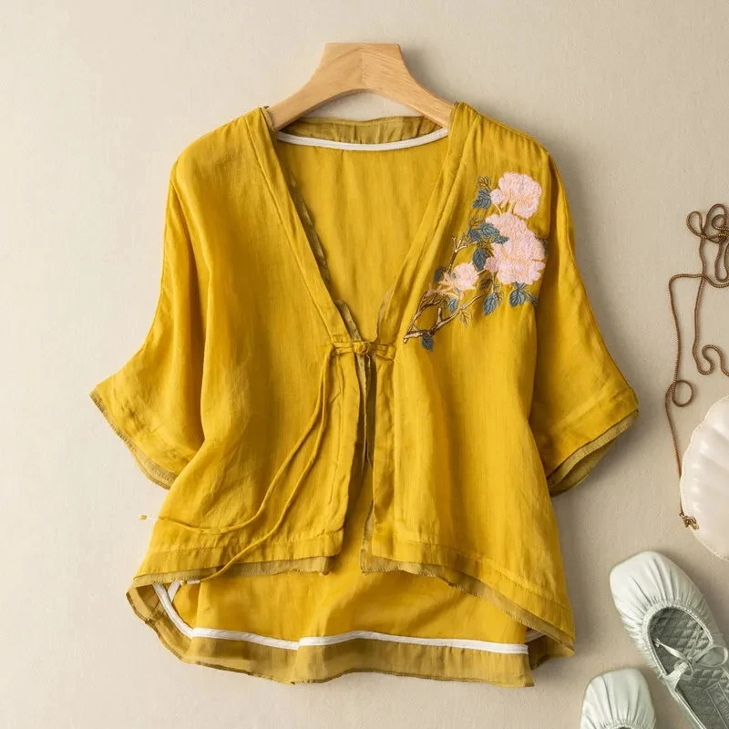 

Блузка из хлопка и льна, весенне-летняя, с вышивкой, свободная