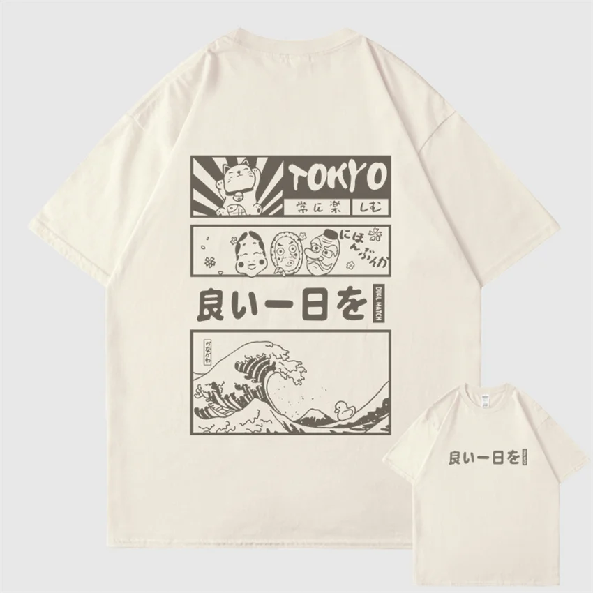 

Футболка мужская хлопковая с коротким рукавом, уличная одежда в стиле хип-хоп, Токио, с мультяшным японским каньцзи и великими волнами, Харадзюку, 10 шт.