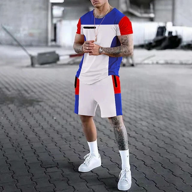 Men Clothing Shorts and T Shirts  Set 3D Print Color Block Crew Neck Ropa Short Sleeve 2 Piece Clothing Apparel
