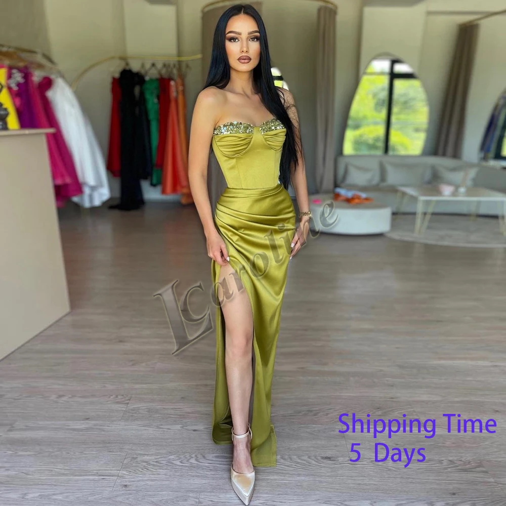 

Caroline Attractive Satin Strapless Evening Party For Women Pageant Beadings Sequin Side Slit Made To Order Vestido De Fiesta