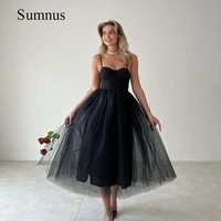 simple black tulle midi evening dress spaghetti straps sweetheart a line elegant women prom gown formal gala party dresses