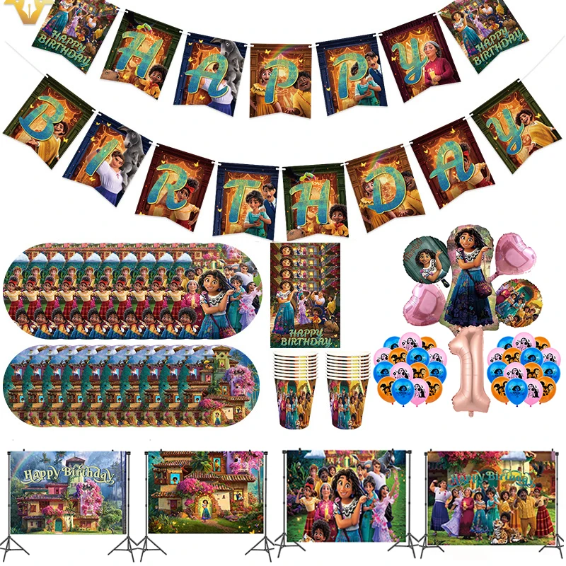 

Disney Pixar Encanto Mirabel Birthday Party Supplies Cups Tissue Plates Mirabel Balloons Background Cloth Birthday Decorations