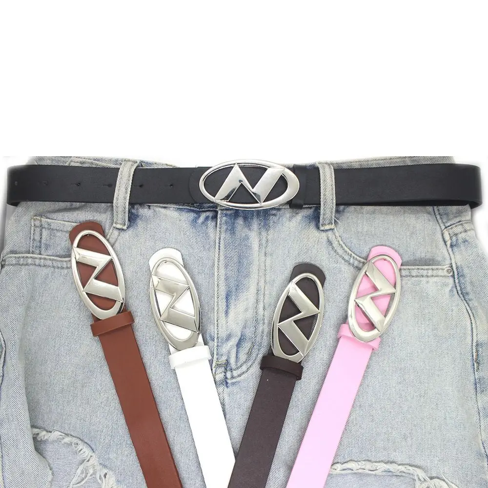 

Letter N PU Leather Letter Belt Vintage Oval Buckle Metal Buckle All-match Wide Side Trouser Decoration