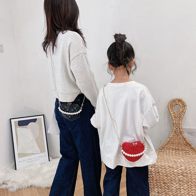 PU Leather Children's Small Shoulder Bags Fashion Pearl Chain Baby Girl Purse Handbags Princess Accessories Messenger Bag Wallet