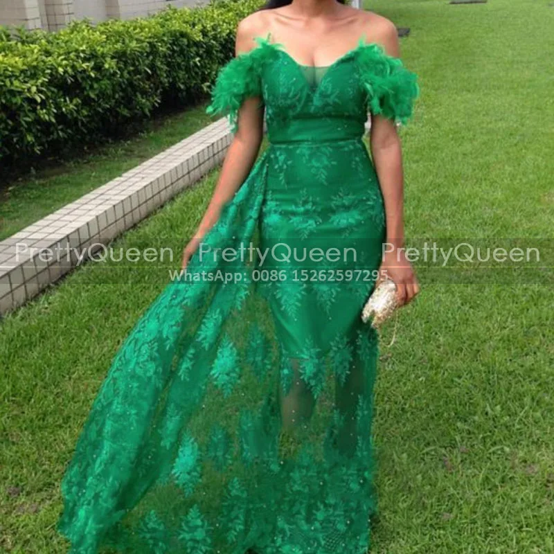 

Великолепное выпускное платье с аппликацией русалки с перьями и открытыми плечами, зеленое прозрачное кружевное длинное официальное вечер...