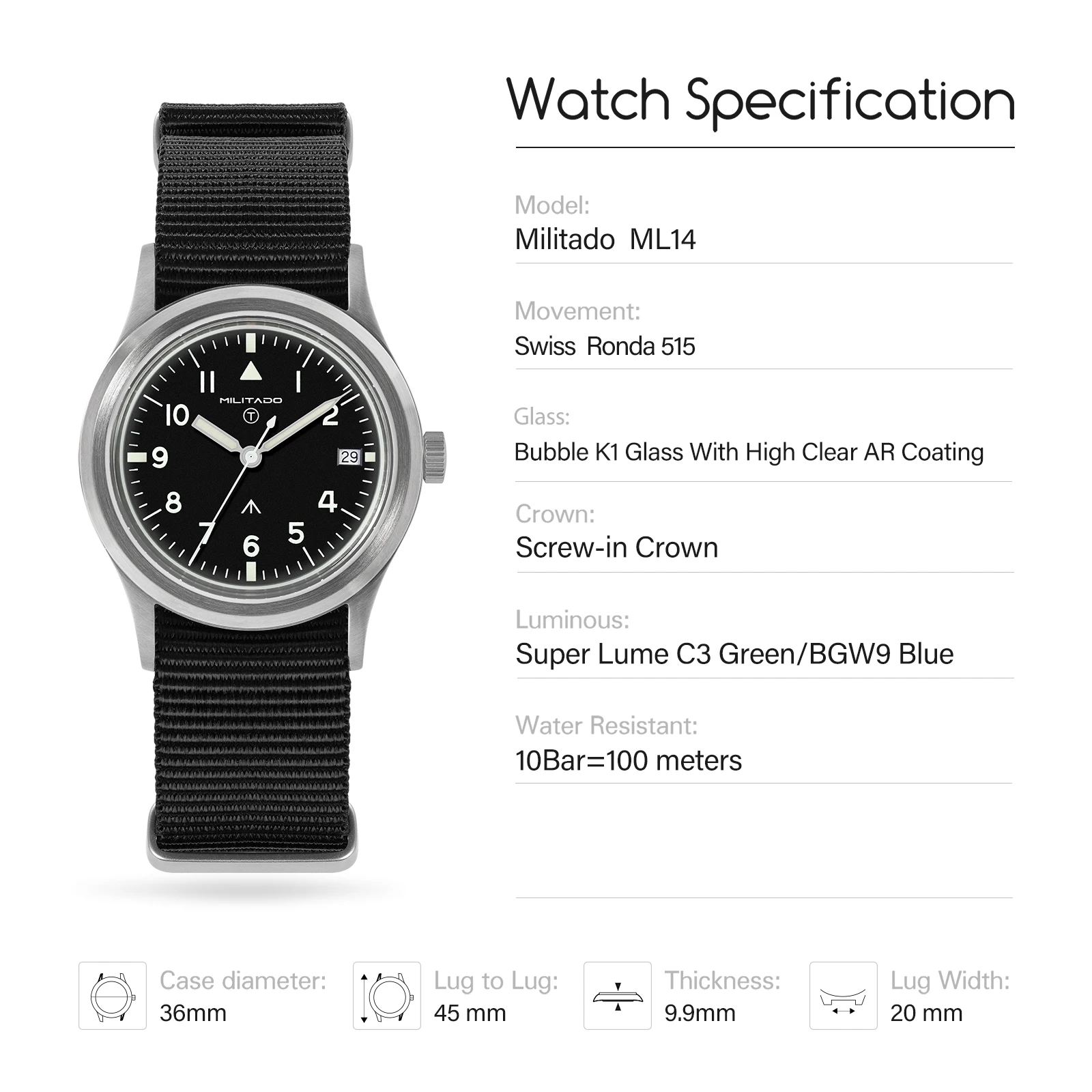 Фото Militado ML14 36 мм Часы VH31 Sweep Second Кварцевый Механизм Сапфировое Стекло Супер Светящиеся BGW9 C3 100 м Водонепроницаемые Часы №3
