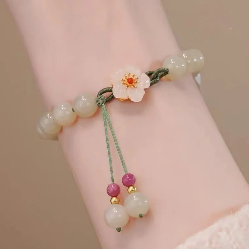 Peach Flower Jade Bracelets for Women Girls Chinese Fashion Ancient Red Agate Beads Charm Bracelet Woven Hand Rope Jewelry Gift