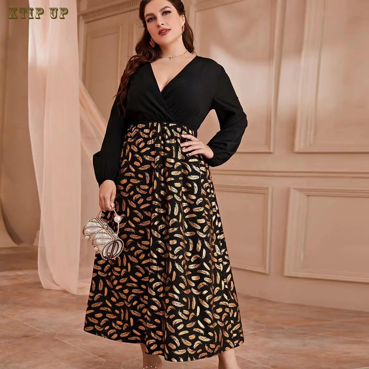 

New Arab High Waist Middle East Fashion Temperament Commuter Style Long Dress Pullover Gold Stamping Print Sexy V-neck Women