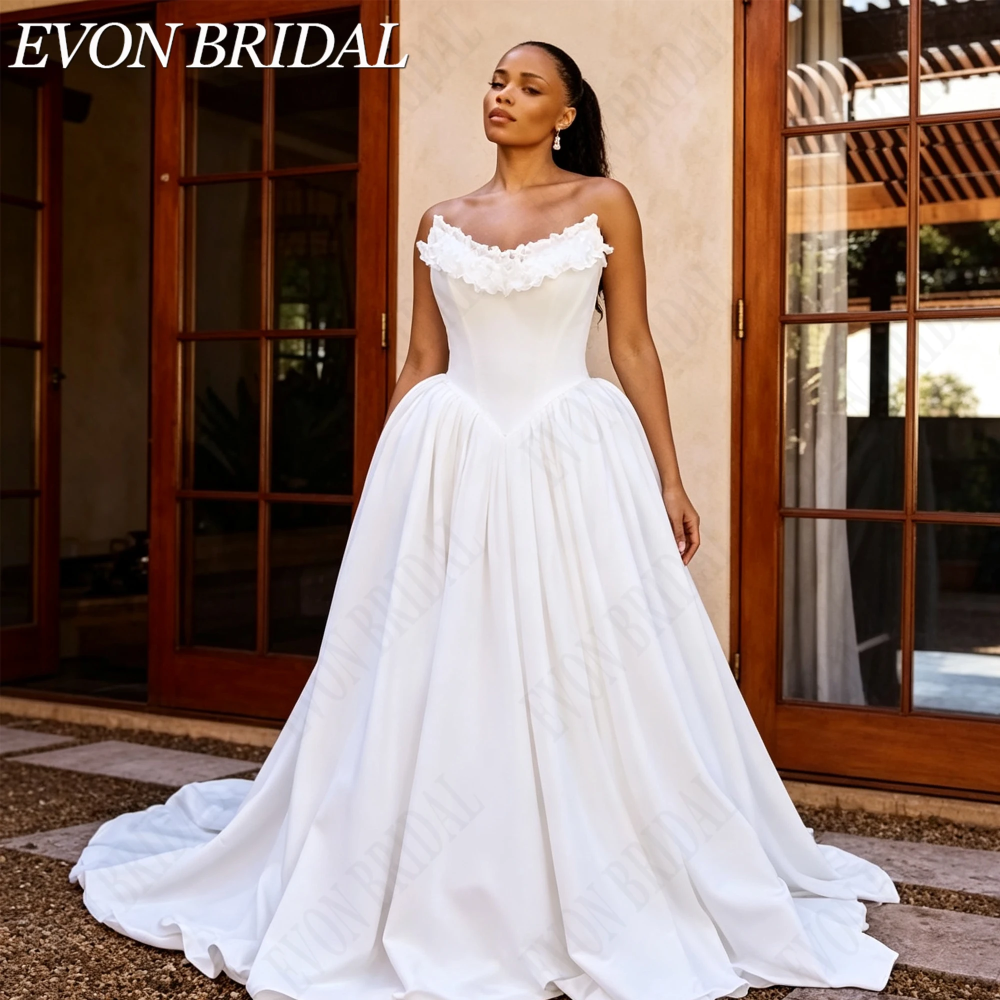 Фото EVON BRIDAL Свадебное платье со съемными рукавами для женщин с пышными формами, без бретелек атласное платье невесты баск силуэт, А-образное свадебное платье на шнуровке, индивидуальный пошив свадебного платья, №3