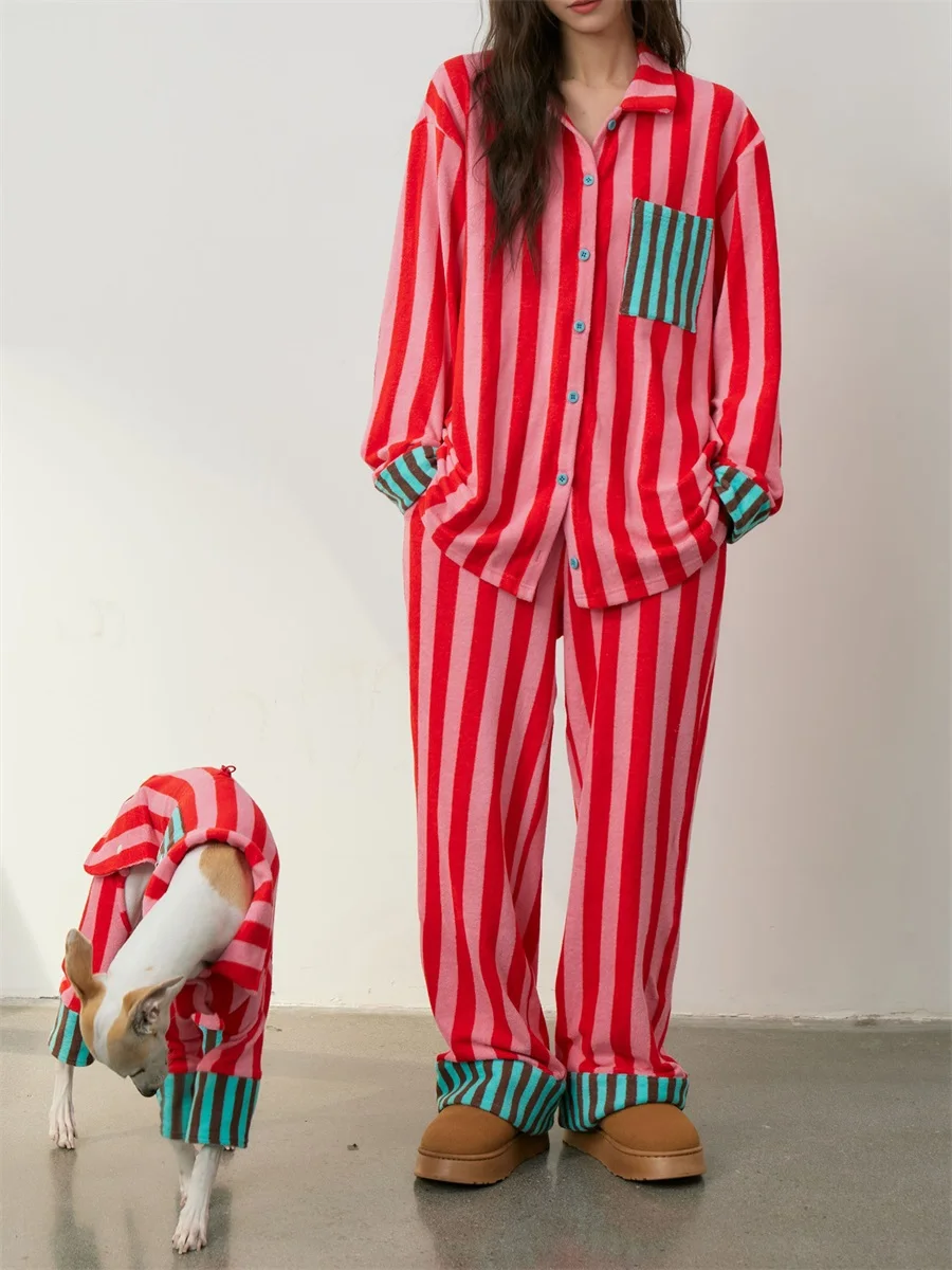 Женский пижамный комплект в полоску с принтом топы длинными рукавами и лацканами