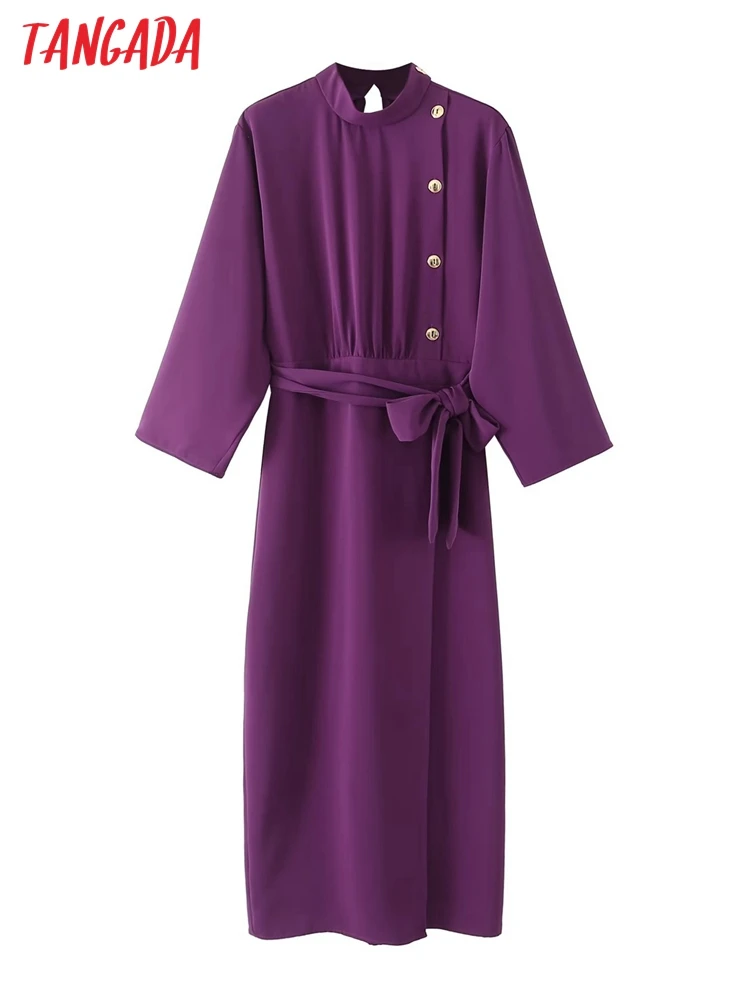 

Tangada 2022 Women Purple Dress with Slash Vintage Long Sleeve Office Ladies Midi Dress 5X45