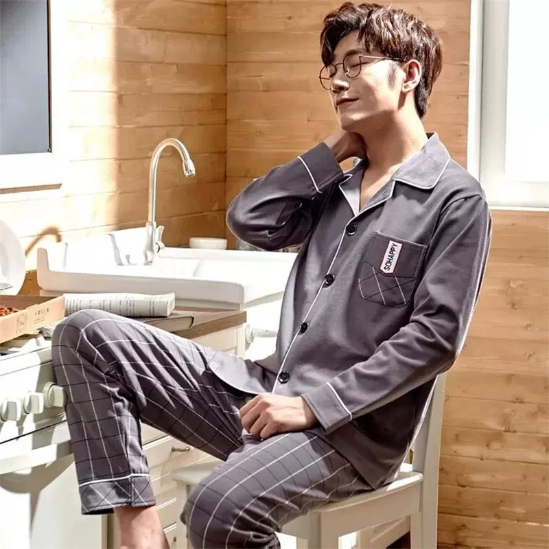 Autumn Men Pajamas Set Casual Sleepwear For Man Shirt Full Sleeve Pyjama Men's Fashion Soft Homewear Clothes Plus Size