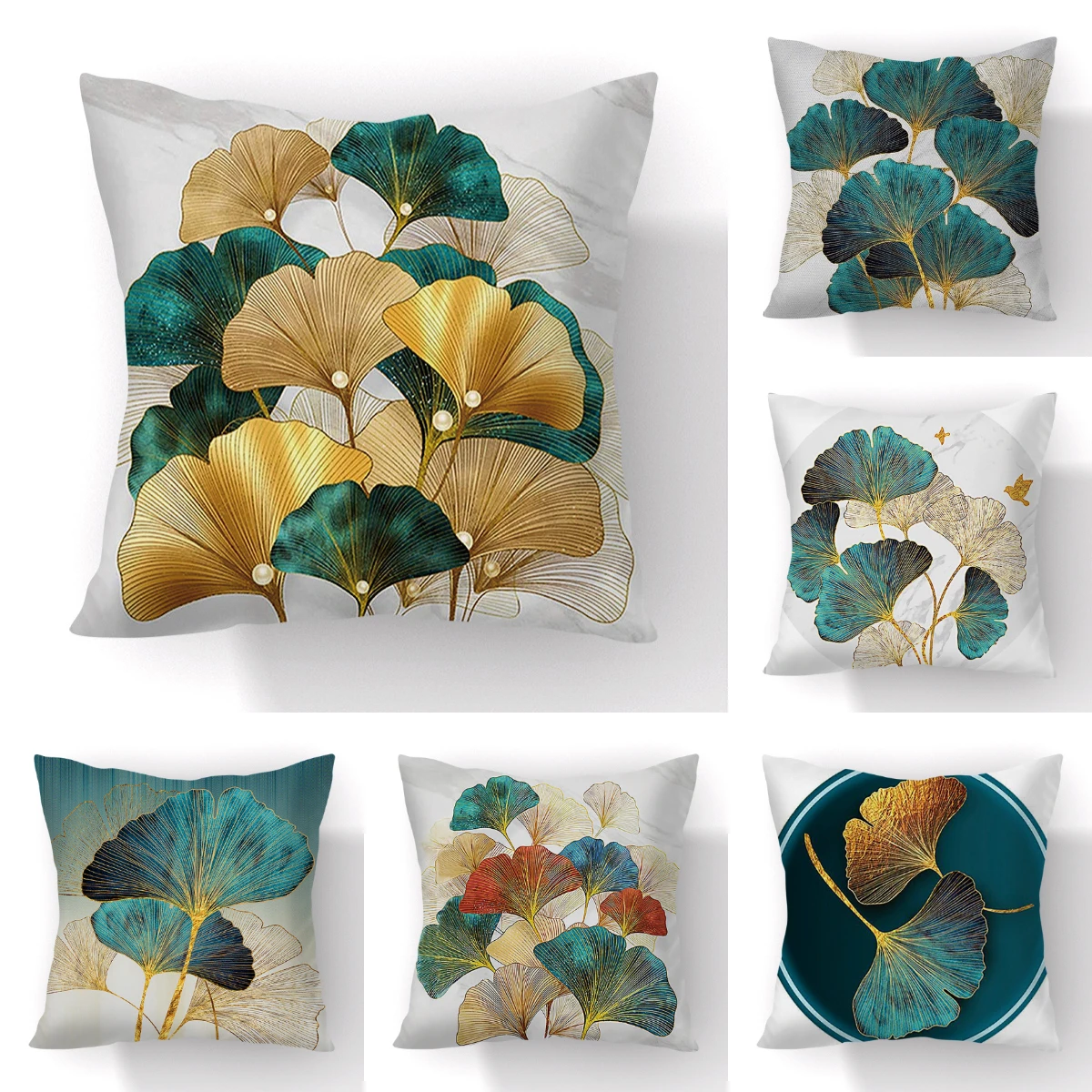 

Hand Painted Ginkgo Leaves Pillows Case Polyester Short Plush Modern Floral Chair Cushions Case Living Room Decor Throw Pillows