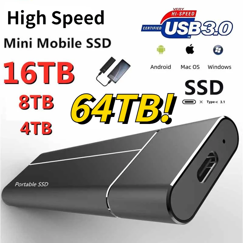 

Портативный высокоскоростной SSD-накопитель 500 ГБ, 16 Тб, 8 ТБ, SSD 4 ТБ, портативный внешний твердотельный накопитель, usb интерфейс, мобильный жесткий диск