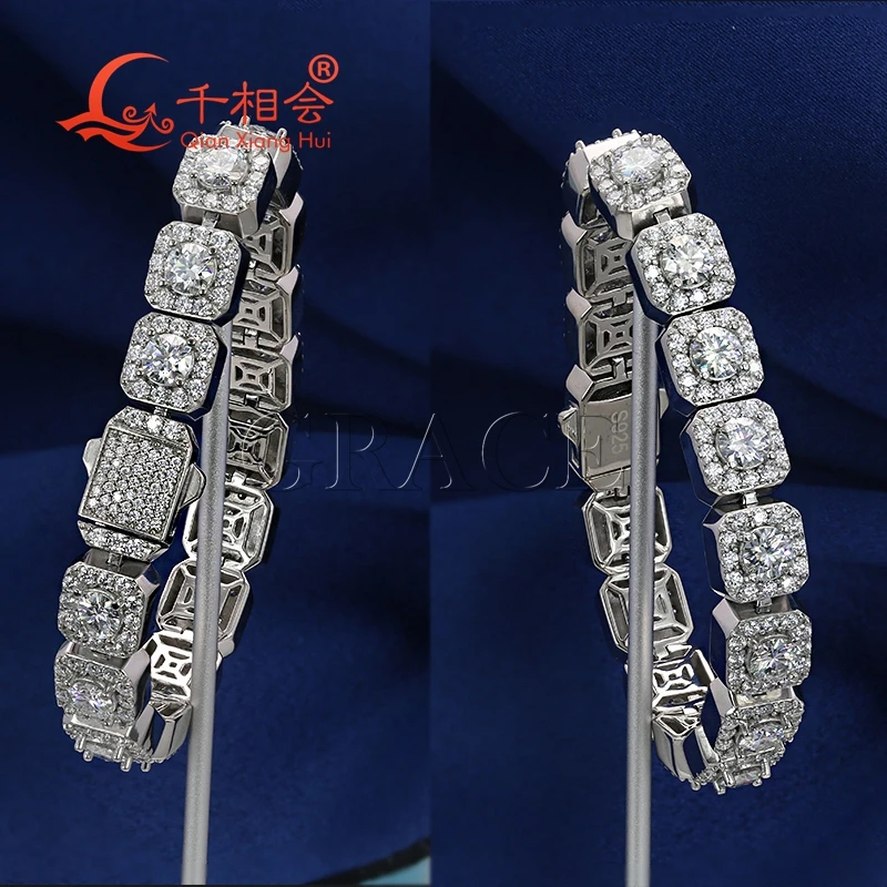 Bracelet 10mm 12mm Square Hip Hop Silver 925 Cuban Link D VVS ball Moissanite ice cut Link Chain Jewelry Women Men Gifts