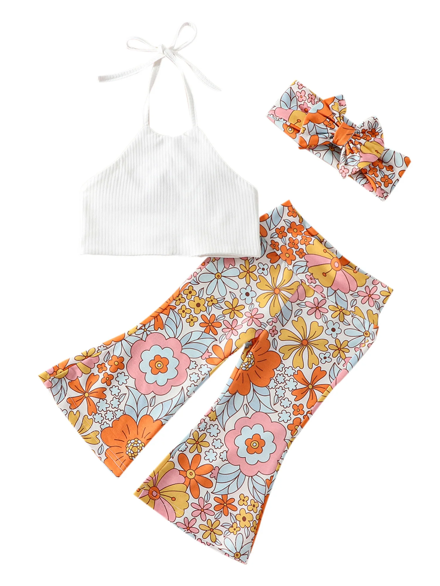 

Louatui Toddler Little Girls Summer Outfits Set Fly Sleeve Letters Print Short Sleeve Tops and Bell Bottom Pants