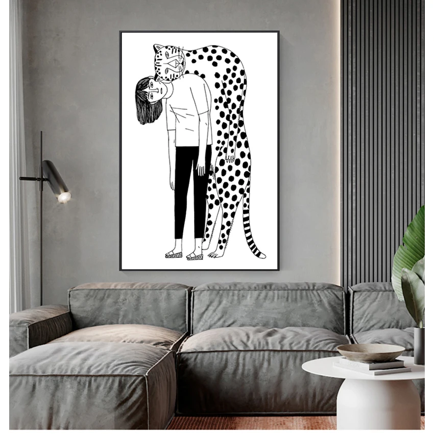 

Nordic Poster Wall Art Canvas Painting Black White Posters and Prints Wall Pictures for Living Room Decor Leopard Girl