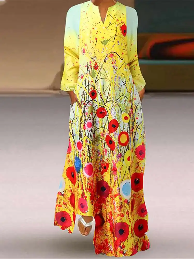 ZANZEA Spring Women Kaftan Dress Floral Print Long Sleeve V-Neck Zipper Sundress Bohemian Butterfly Casual Loose Holiday Robe |