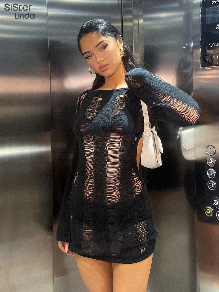 

Женское Прозрачное платье Sisterlinda, белое платье-мини с длинным рукавом, открытой спиной и шнуровкой, облегающая юбка,