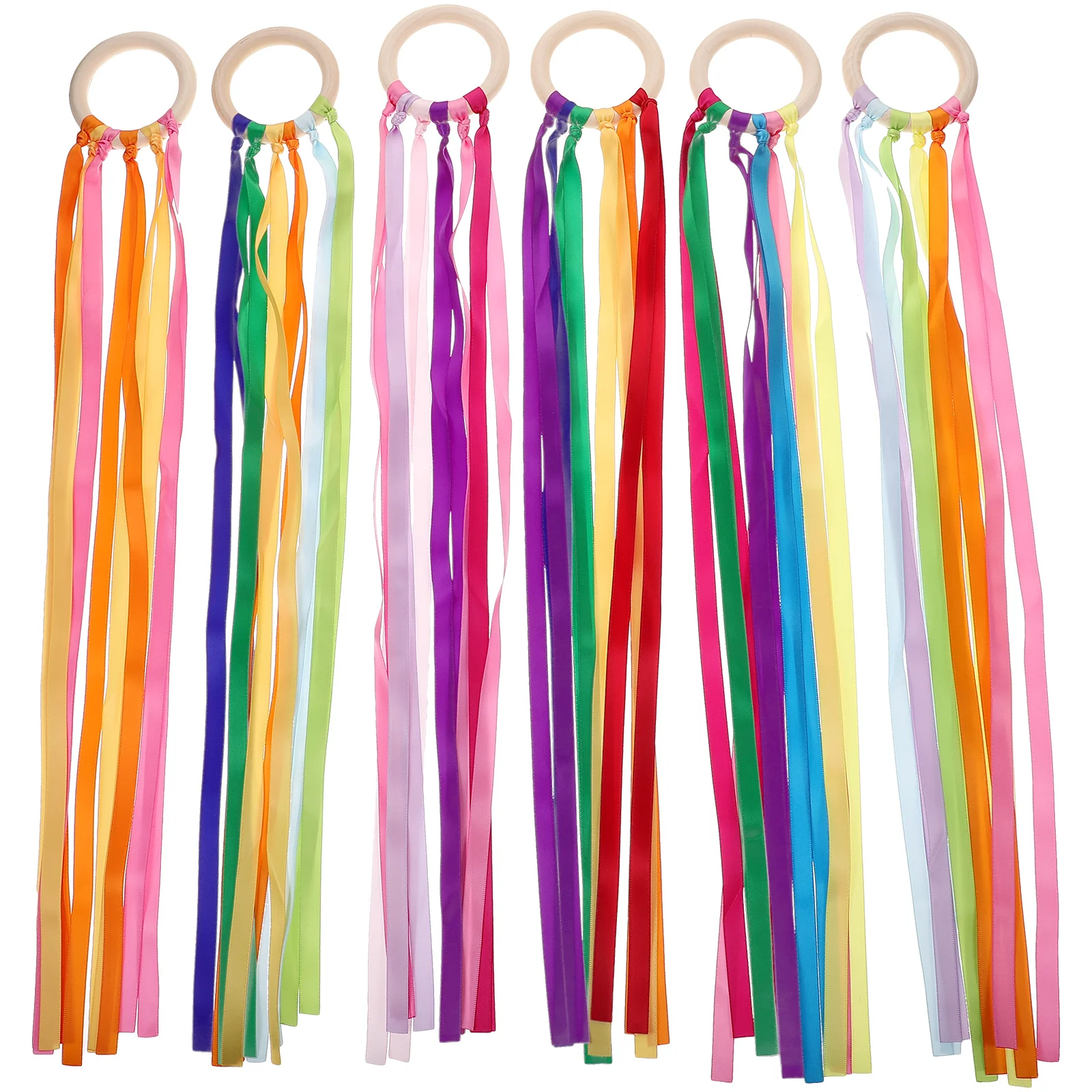 

6pcs Rainbow Ribbon Wooden Toys Hand Kite Streamers with Wood Ring Sensory Learning Educational Toy