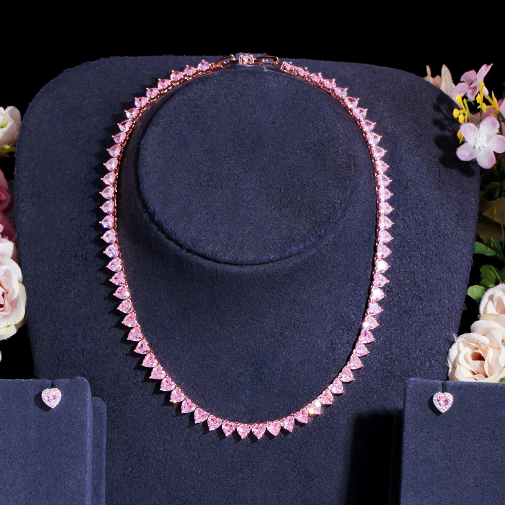 

BeaQueen Romantic Heart Tennis Necklace and Earring Set for Women Cute Pink Cubic Zircon Bridal Wedding Dress Jewelry Gift JS318