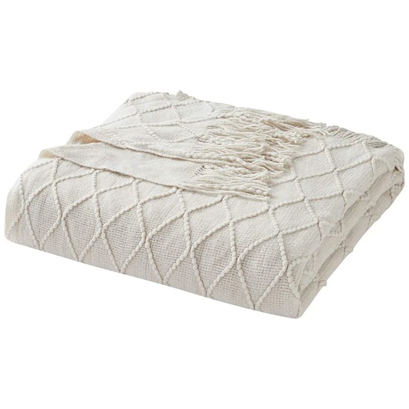 

Throw Blanket Textured Solid Soft Sofa Throw Bed Couch Cover Knitted Decorative Blanket Bed Runner, 50Inchx90inch Beige