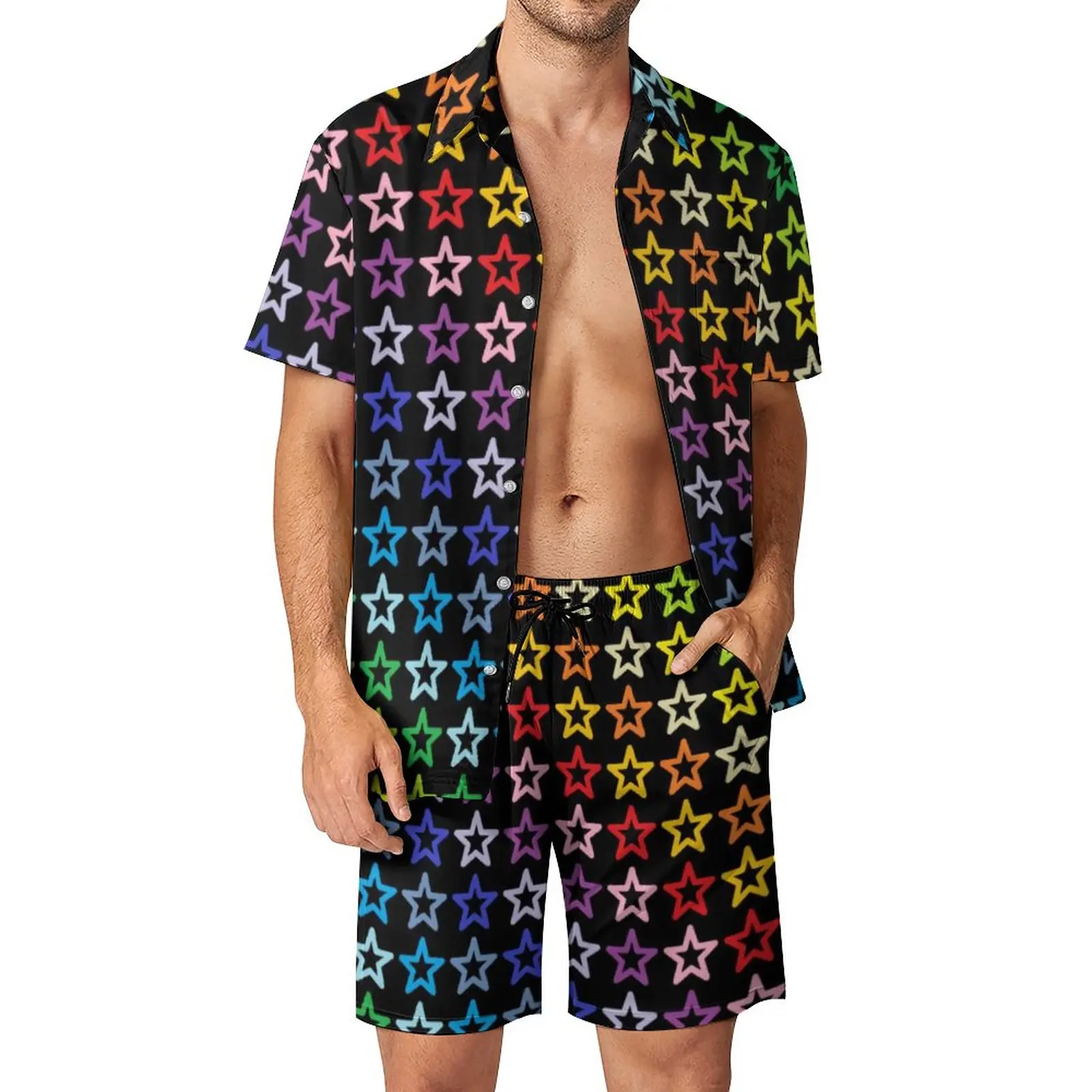 

Broader Spectrum Rainbow Men Sets Outline Stars Print Hawaii Casual Shirt Set Short Sleeve Shorts Summer Vacation Suit Plus Size