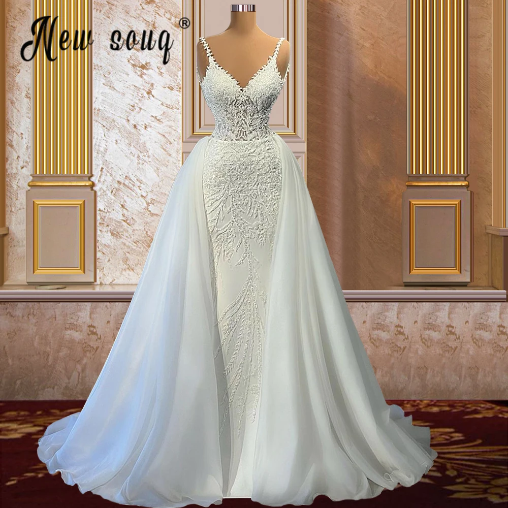 

New Arrivals 2 Pieces Pearls Lace Mermaid Wedding Dress With Detachable Chapel Train Bridal Gowns Vestido De Noiva Sereia 2 In 1