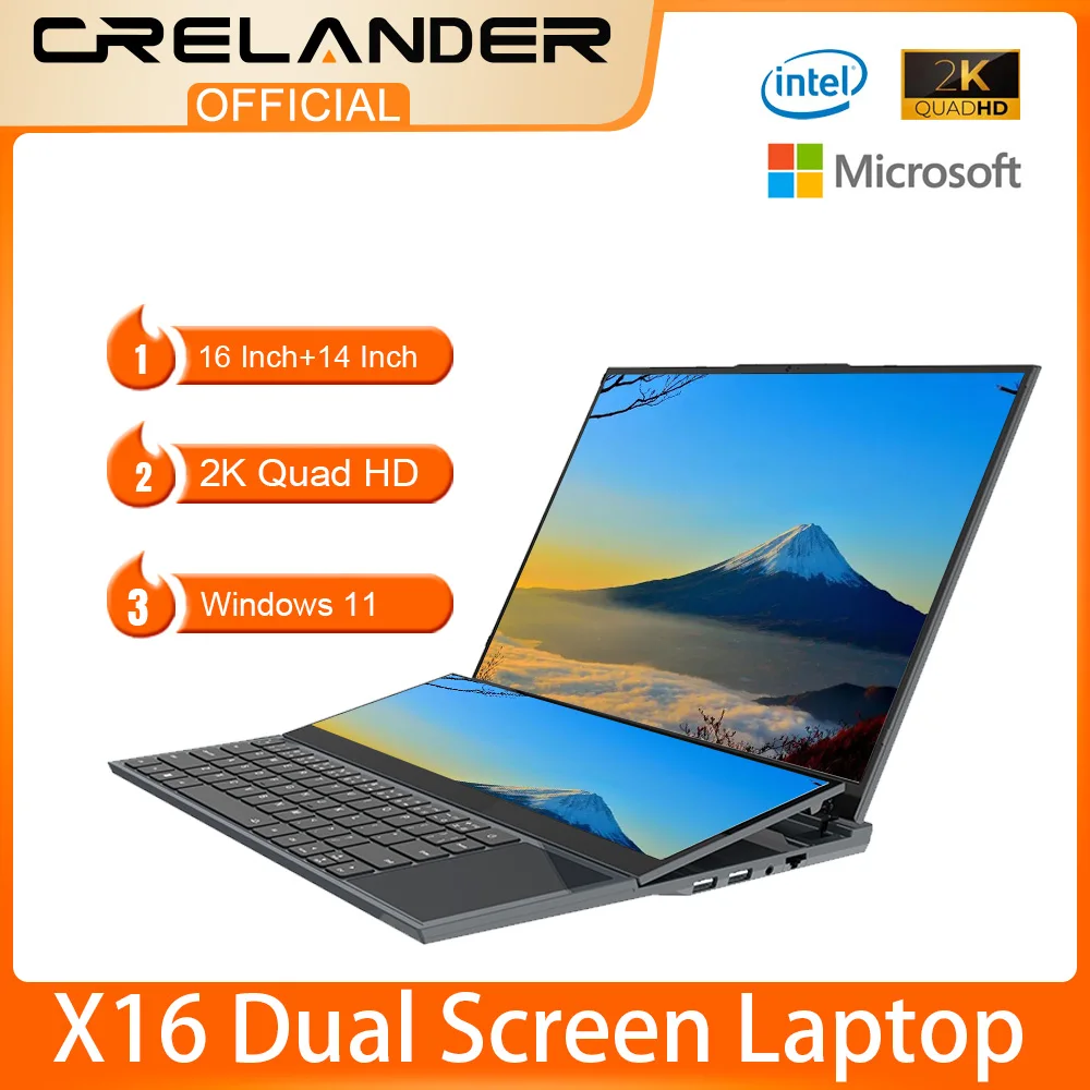 CRELANDER Dual Screen Laptop 16 Inch 2K LCD + 14 Inch Touch Screen Core i7 10750H 64GB RAM Zenbook Duo Laptop Gaming Notebook