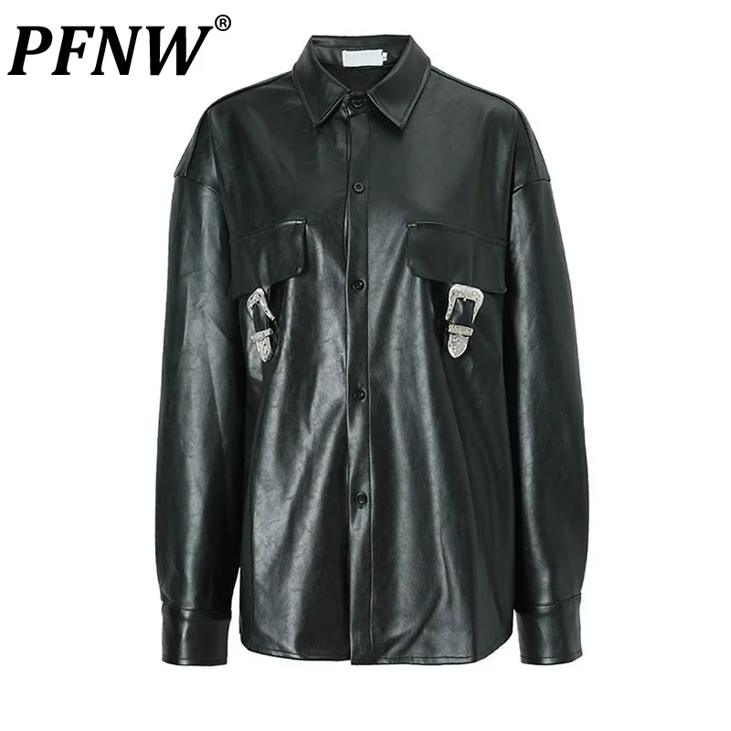 

PFNW Black Metal Buckle Pu Leather Big Size Jacket New Lapel Long Sleeve Men's Tide Coat Fashion Spring Autumn 2023 1DF3100