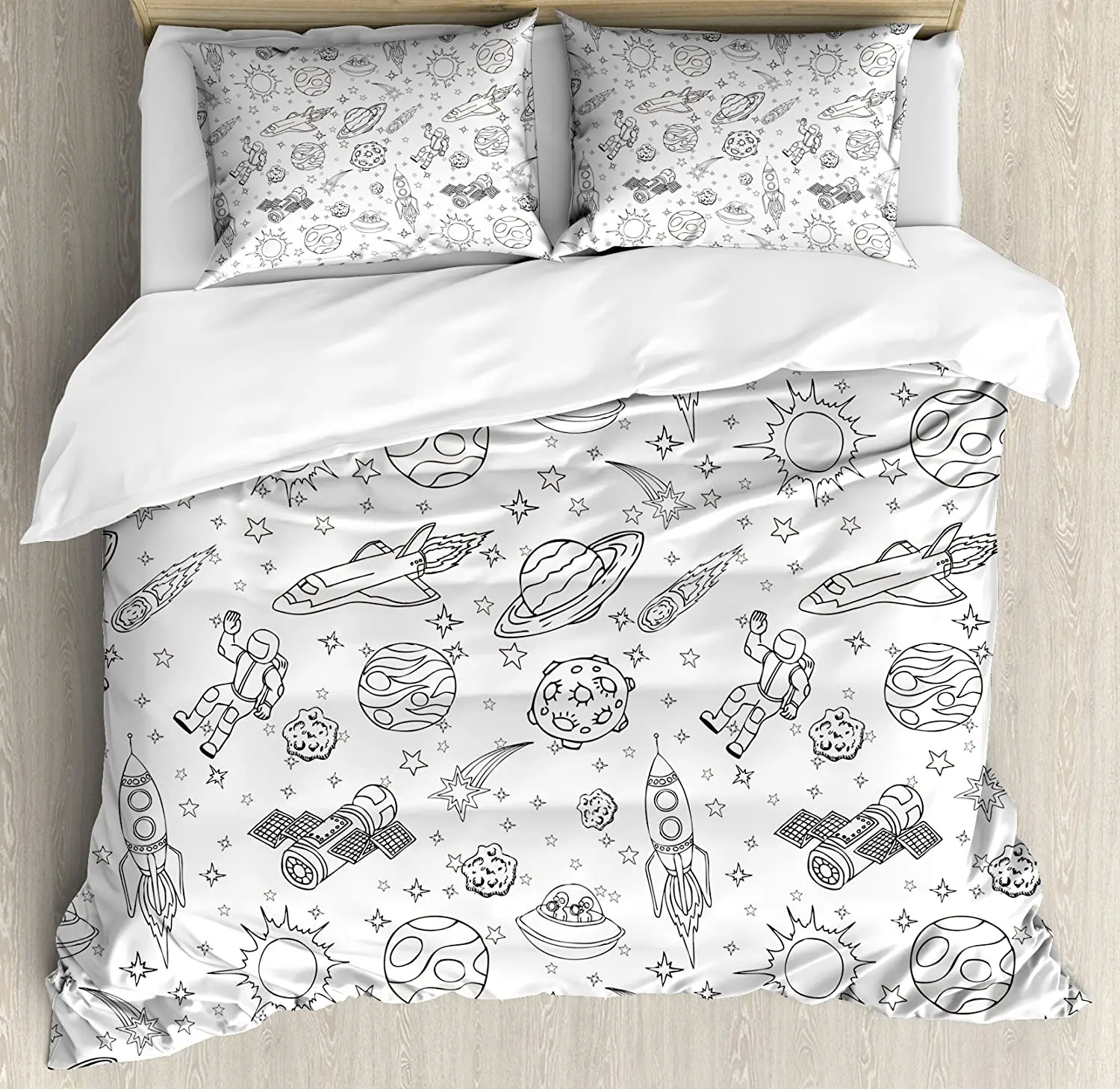 

Boy's Bedding Set Comforter Duvet Cover Pillow Shams Doodle Solar System Astronauts Space Crafts an Bedding Cover Double Bed Set