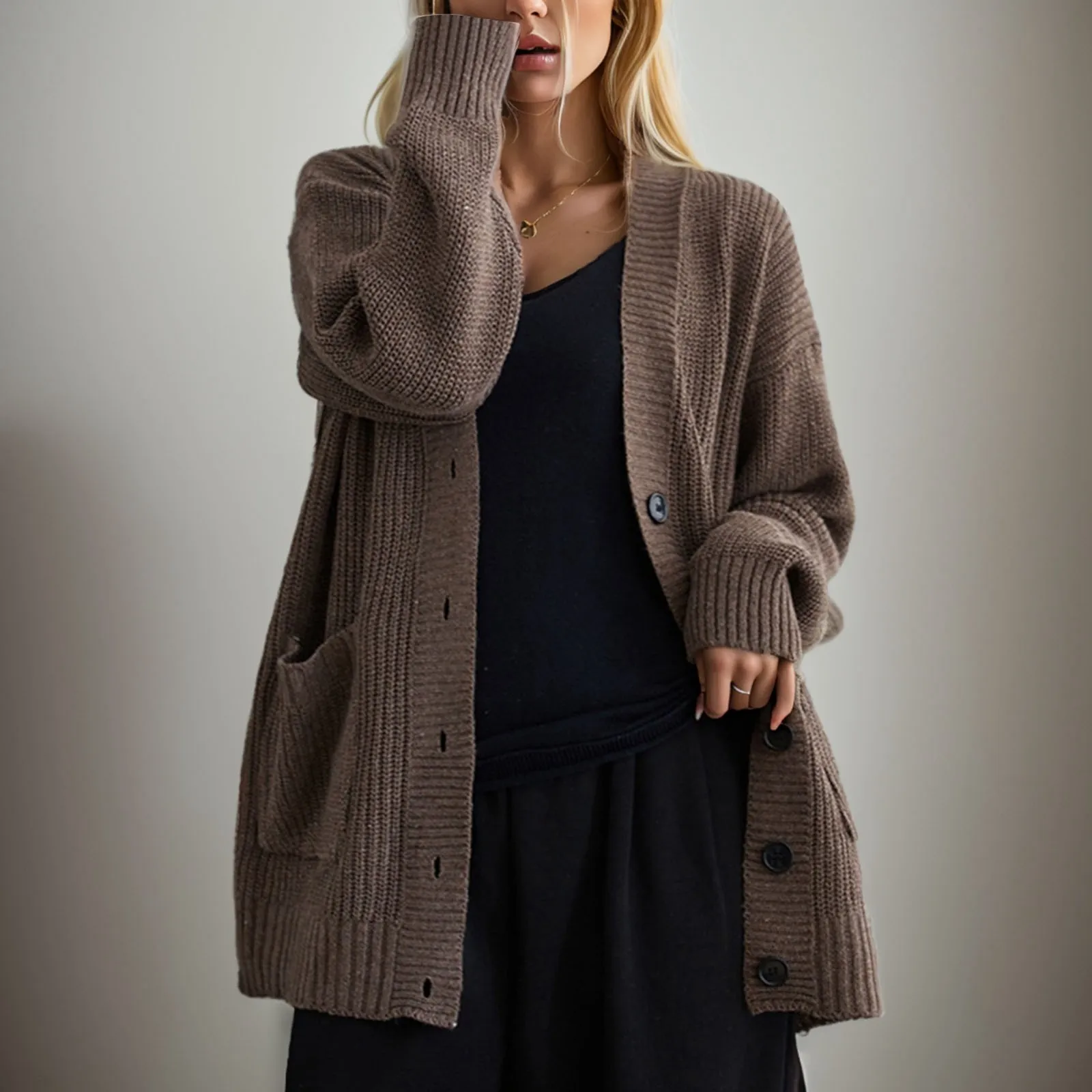 

Женский свитер, вязаный кардиган, вязаная одежда, винтажное свободное трикотажное пальто с V-образным вырезом и длинным рукавом, Рождественская одежда, женская зимняя одежда