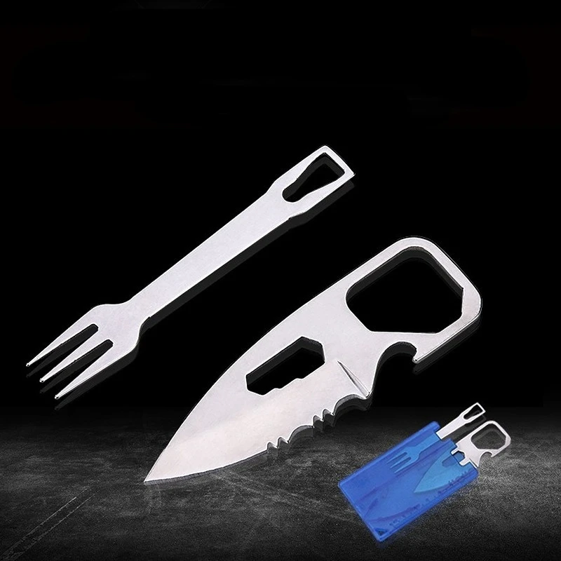 

Camping Barbecue Knife Fork EDC Safety First Aid Outdoor Multifunction Tool Card