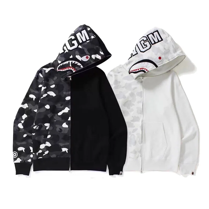 

BAPE Shark Half Camo Hoodie Men Women Luminous Jacket High Quality 100% Cotton WGM Embroidered Full Zipper Clothes White Black