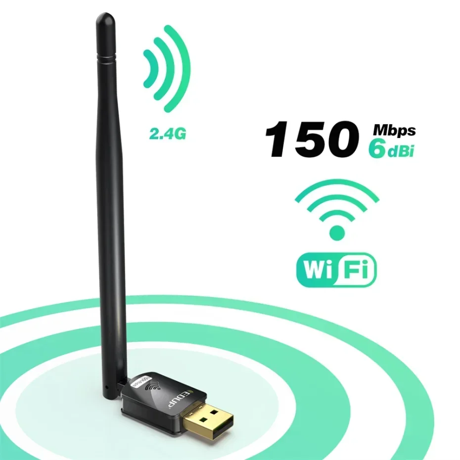 Фото EDUP 150 Мбит/с USB Wi-Fi адаптер с высоким коэффициентом усиления 6Dbi антенна 802.11n MT7601 Чипсет Беспроводная сетевая карта приемника на большие расстояния для ПК №1