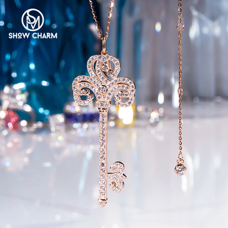 

S925 Sterling Silver Full Diamond Iris Heart-Shaped High Carbon Diamond Key Necklace Women's Long Sweater Chain Diamond Collarbo