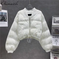 luxury sequins thickened puffer jacket female 2022 winter sweet slimming down cotton coat jacket lady stand collar white parkas
