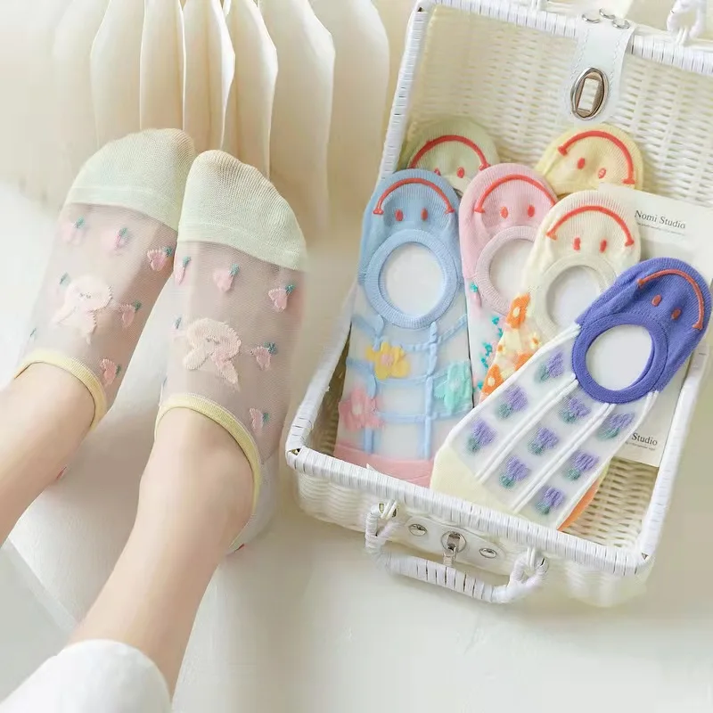 

Summer Lace Mesh Ultra-thin Low Cut Socks Women's Non-slip Crystal Silk Ankle Socks Girls' Silicone Transparent Floral Boat Sock