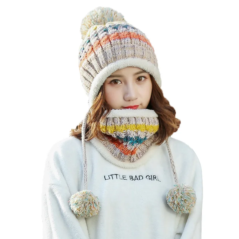 

Warm winter knitted hats for women autumn winter all-match sweet cute acrylic hat winter ear protection hat scarf two-piece set