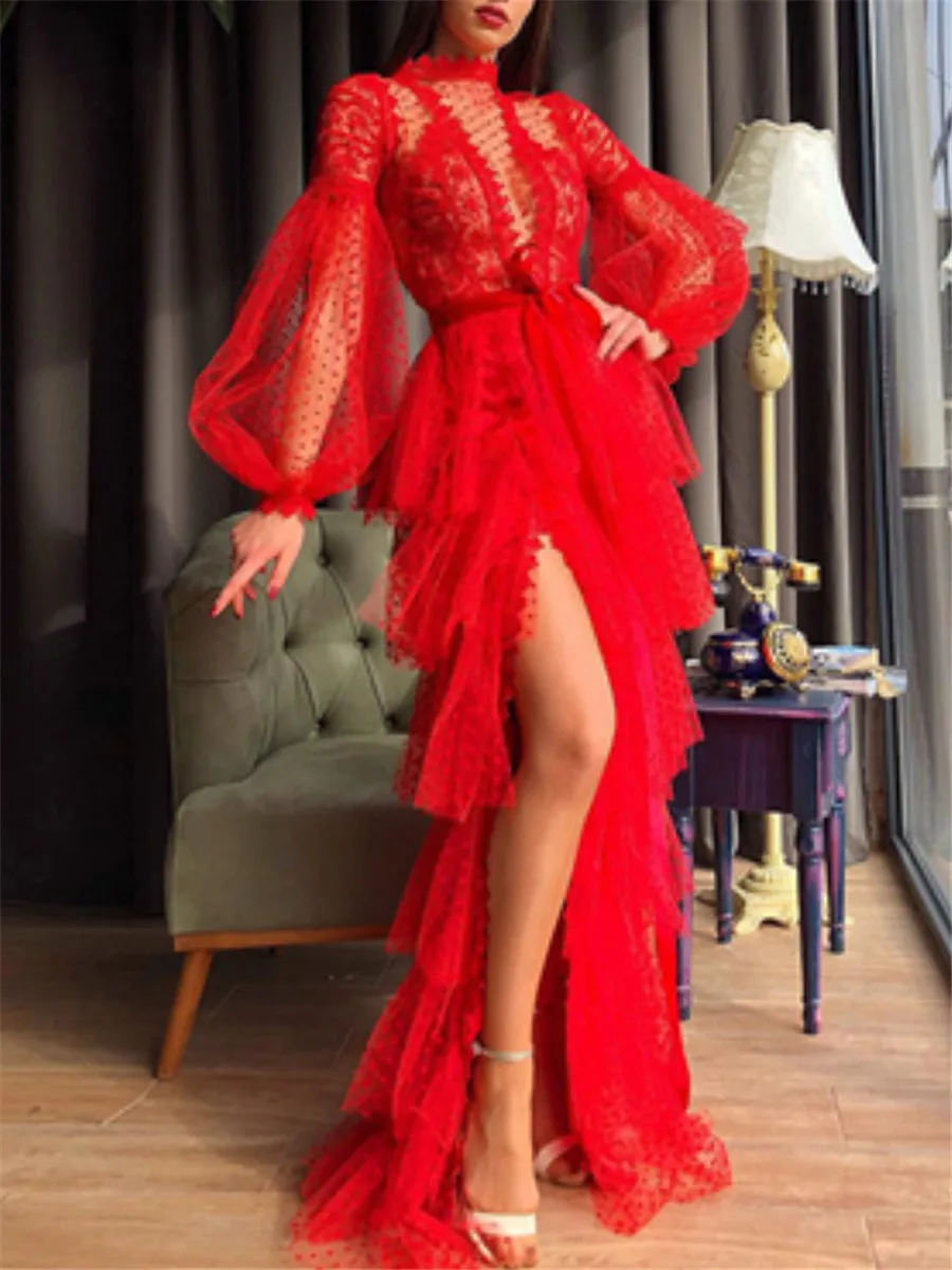 High Slit Stylish Noble Banquet Dress Mesh Patchwork Sexy Dress Women Long Sleeve Ribbon Lace-up Party Ball Gown Dresses