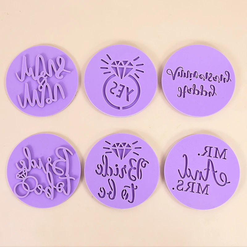 

Wedding Party Cookie Embossed Stamp Mold MR&MRS Birde To Be Happy Anniversary 3D Fondant Biscuit Mold DIY Cake Decorating Tools