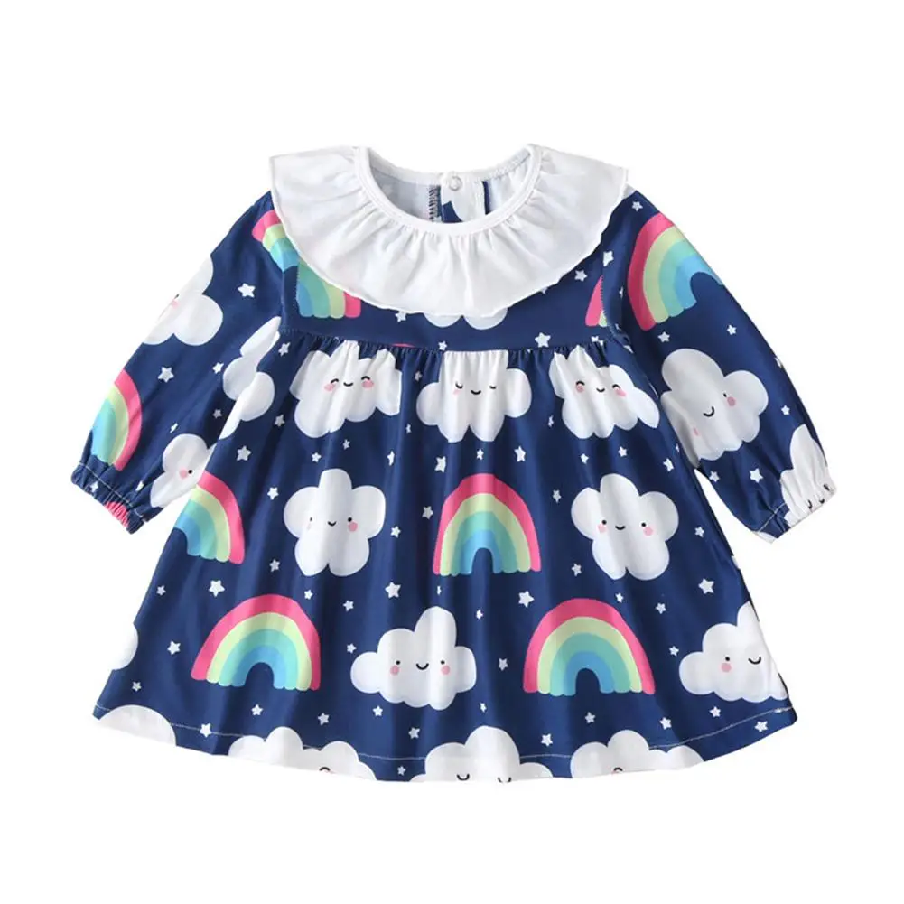 

Chic Spring Dresses Baby Girl Comfort Soft Long Sleeve Cartoon Personality Printing Lotus Collar Lovely Casual Dress