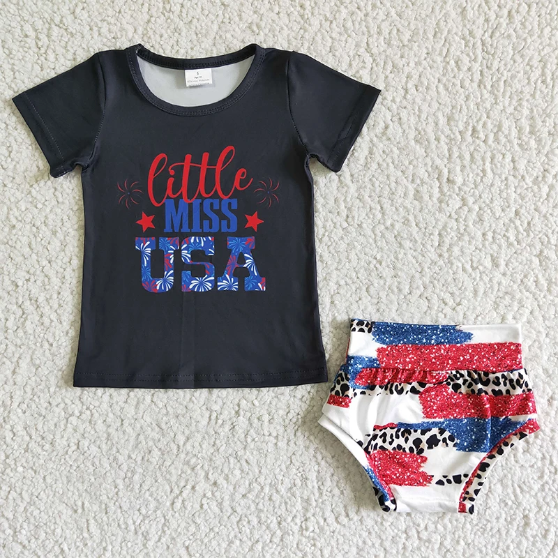 

National Day 4th of July baby girl clothes blue star short sleeves shirt top with bummie newborn baby clothes two piece set