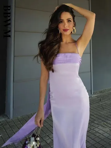 Light Purple Strap Spliced Underwear Style Dress 2023 Bow Sexy Vintage Backless Dresses Chic Female Temperament Evening Dress