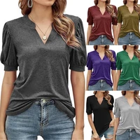 2022 summer new v neck short sleeved t shirt casual loose top solid color simple fashion womens clothing