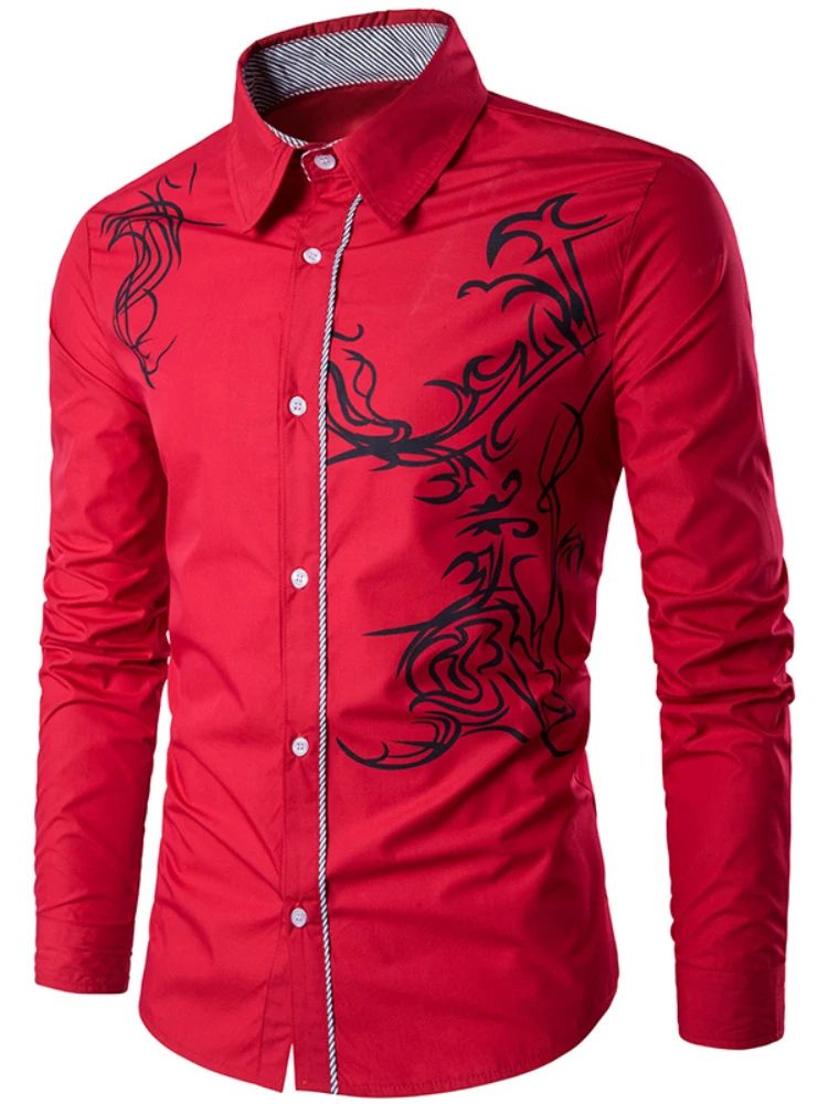 2022 New Spring Men's Shirts Slim Men's Long-sleeved Dragon Print Long-sleeved Slim Personality Travel Clothing Shirts for Men
