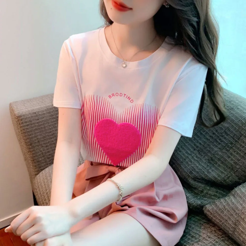 

2022 Cotton Love Gradient Short Sleeve T-shirt For Women Clothes Y2K O-neck Loose Chic Printed T Shirts Female Casual Tops Tees